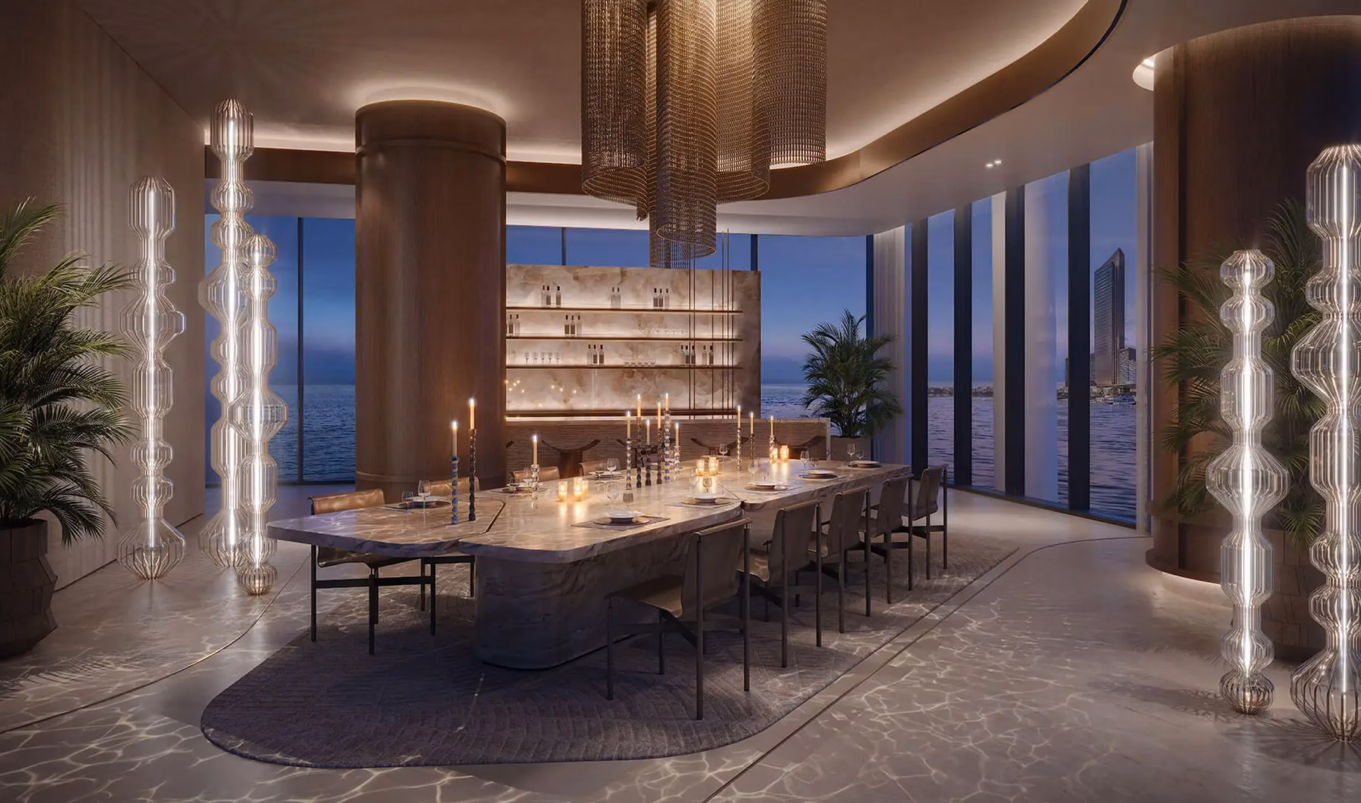 Costa Mare: dining space with reflective columns and pendant lighting — rendering