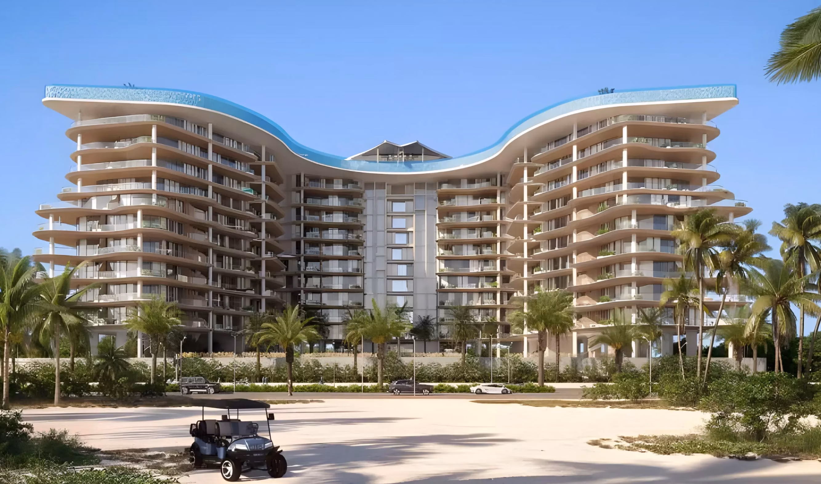 Manta Bay: broad curved residential facade viewed from landscaped grounds — rendering