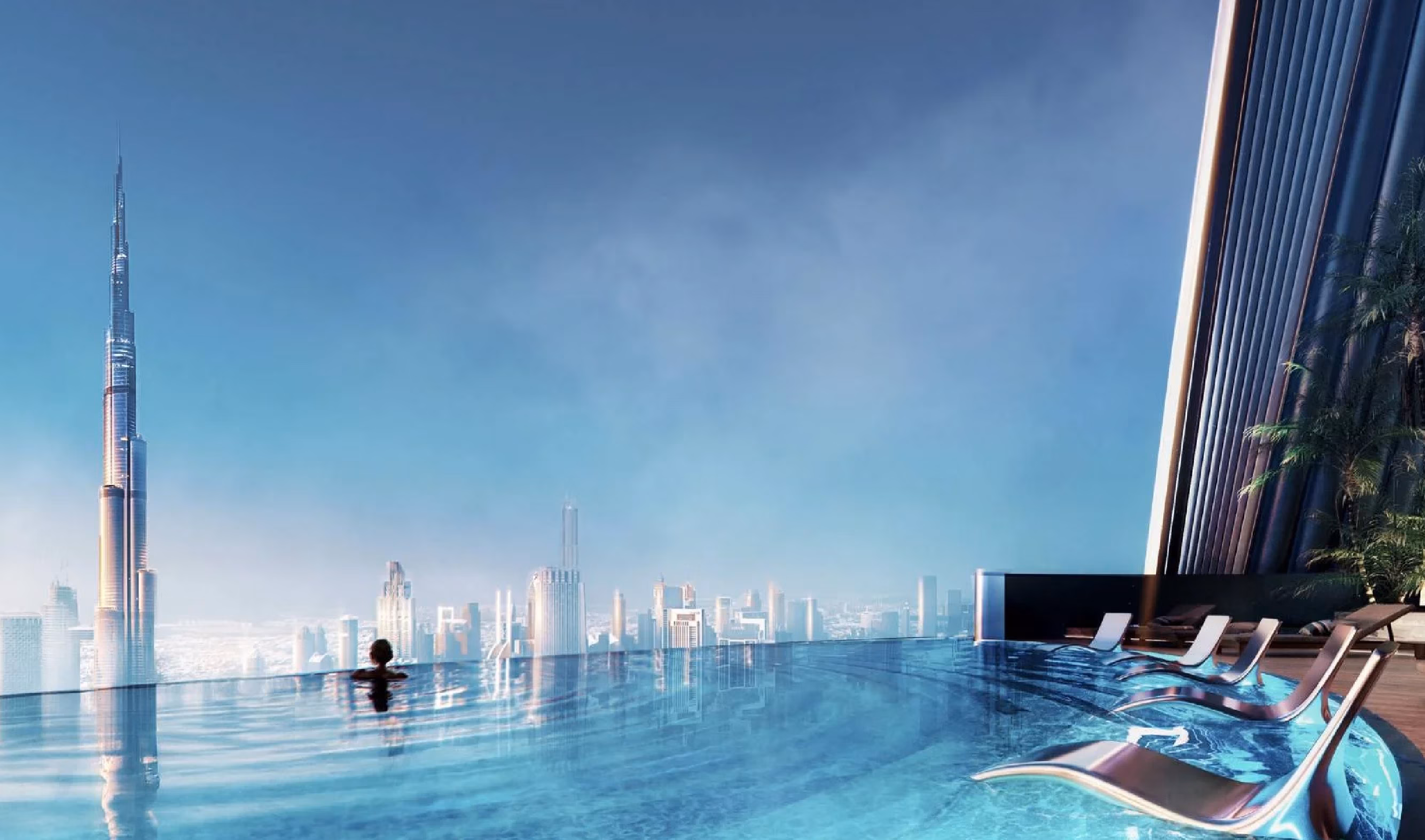 Mercedes-Benz Places Binghatti City: elevated outdoor pool with city views — rendering
