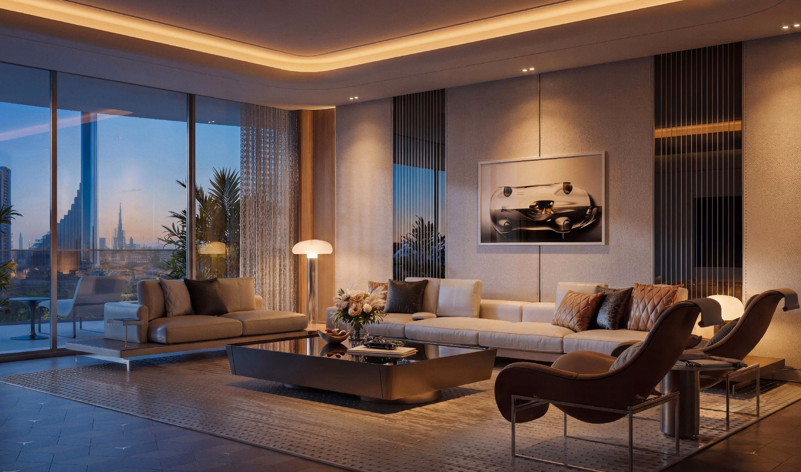 Mercedes-Benz Places Binghatti City: living room with warm ceiling lighting and tall windows — rendering
