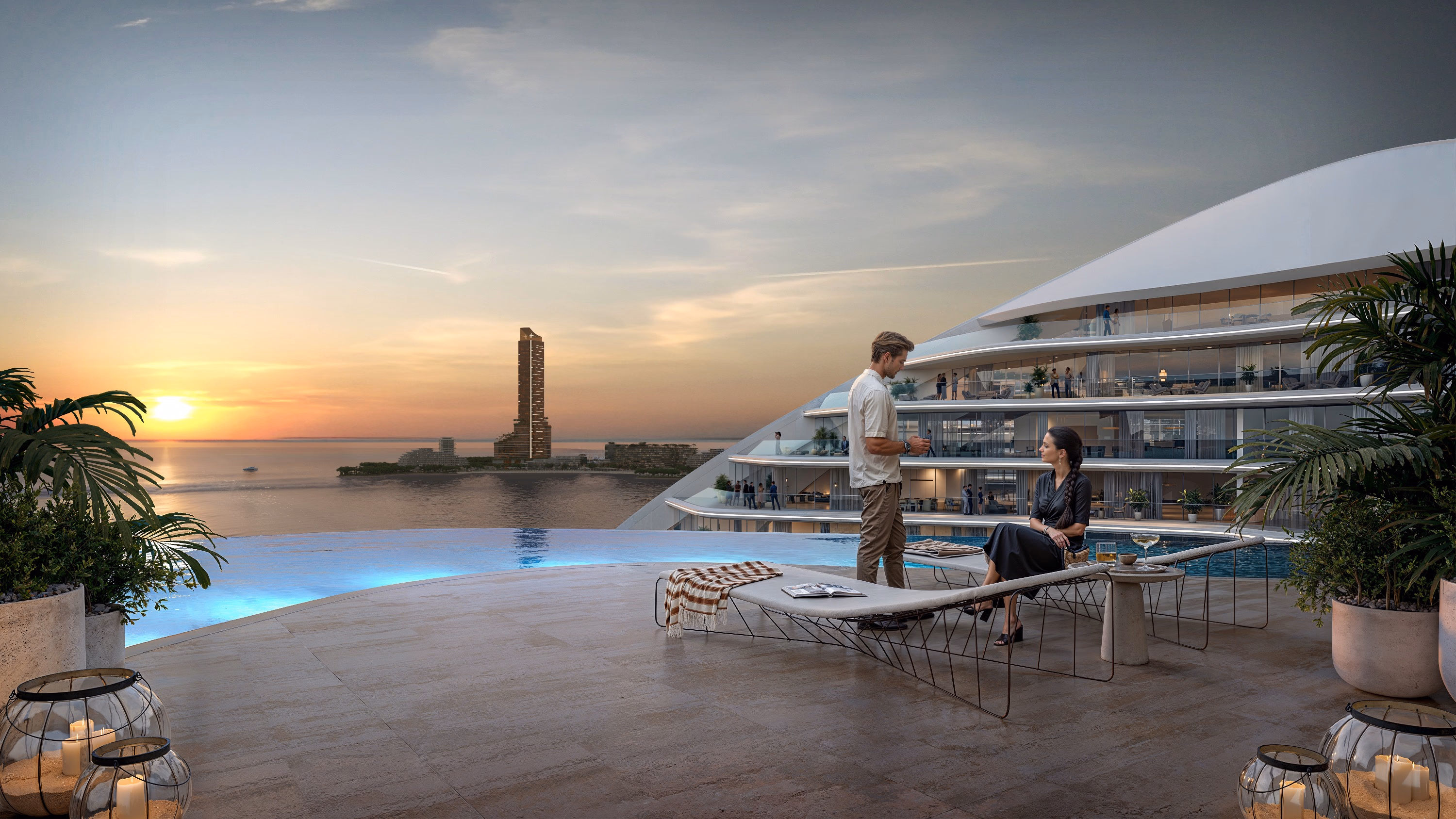 Oystra: terrace with loungers overlooking the water at sunset — rendering