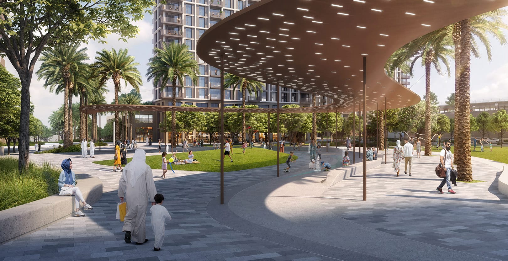 Aeon shaded landscaped plaza and pedestrian space
