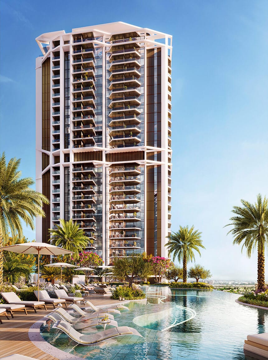 Portrait view of the Eltiera Views towers and pool