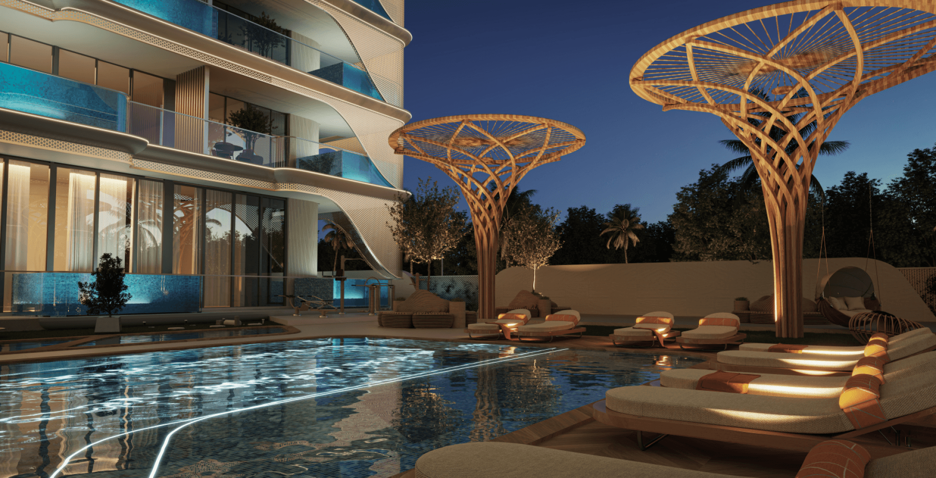 SAMANA Imperial Garden pool terrace beside curved residential facade