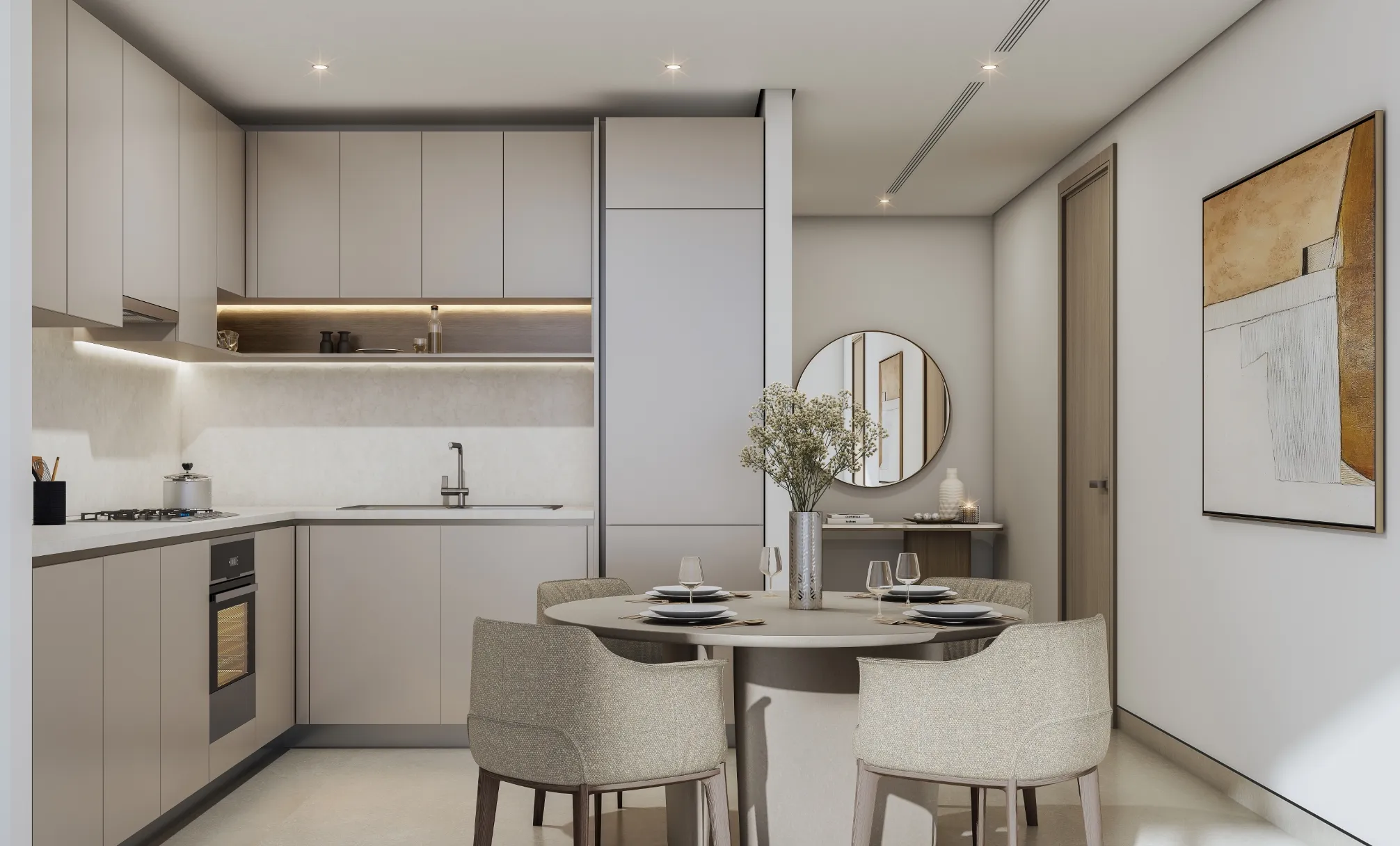 Illustrative Skyvue Stellar kitchen and dining area; official developer rendering