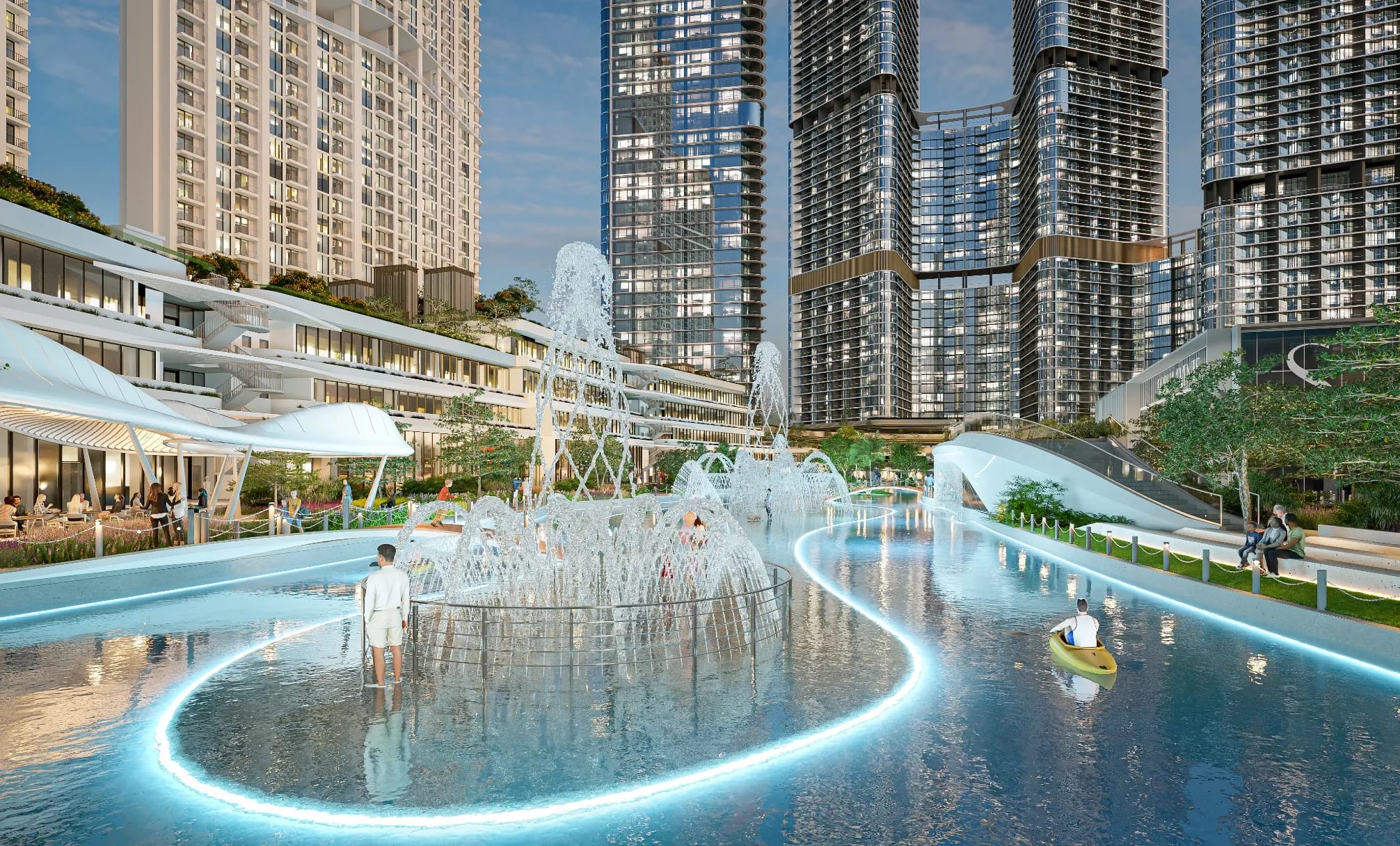Skyvue Stellar landscaped water feature and residential towers; official developer rendering