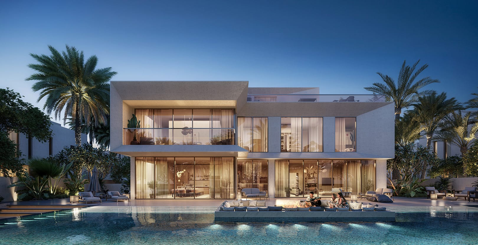 Mirage at The Oasis: pool-facing villa at dusk — official rendering