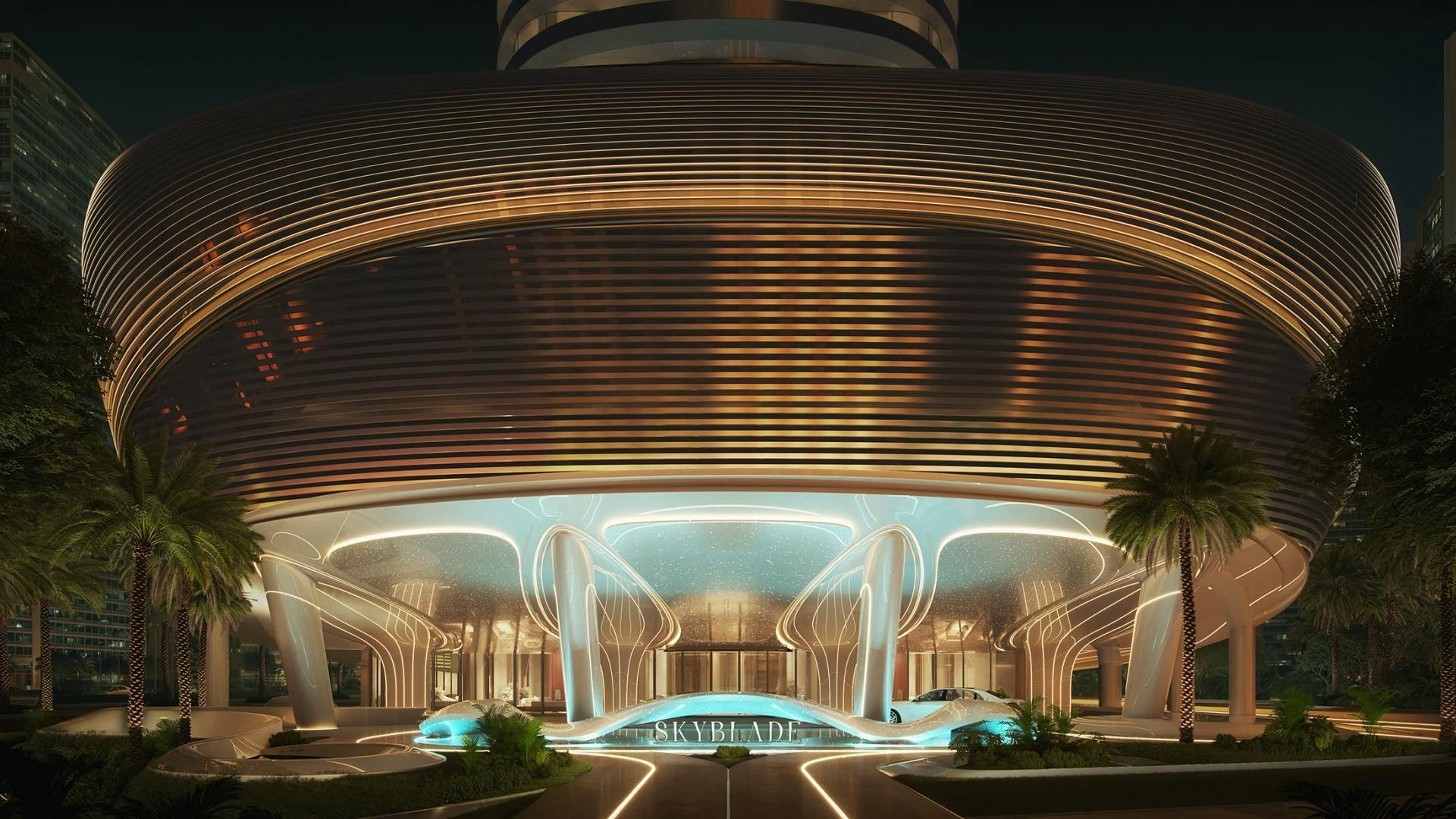 Binghatti Skyblade: Illuminated Skyblade tower entrance; official developer rendering