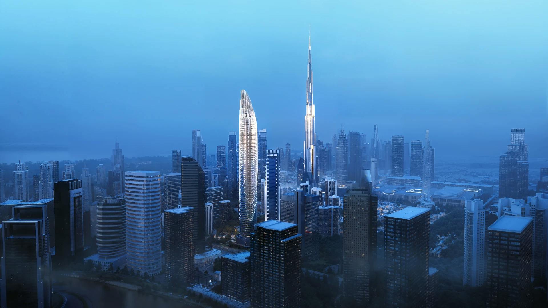 Binghatti Skyblade: Skyblade and the Downtown Dubai skyline at dusk; official developer rendering