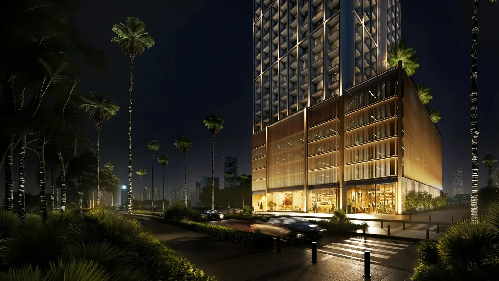Binghatti Etherea: Exterior at night (developer rendering)