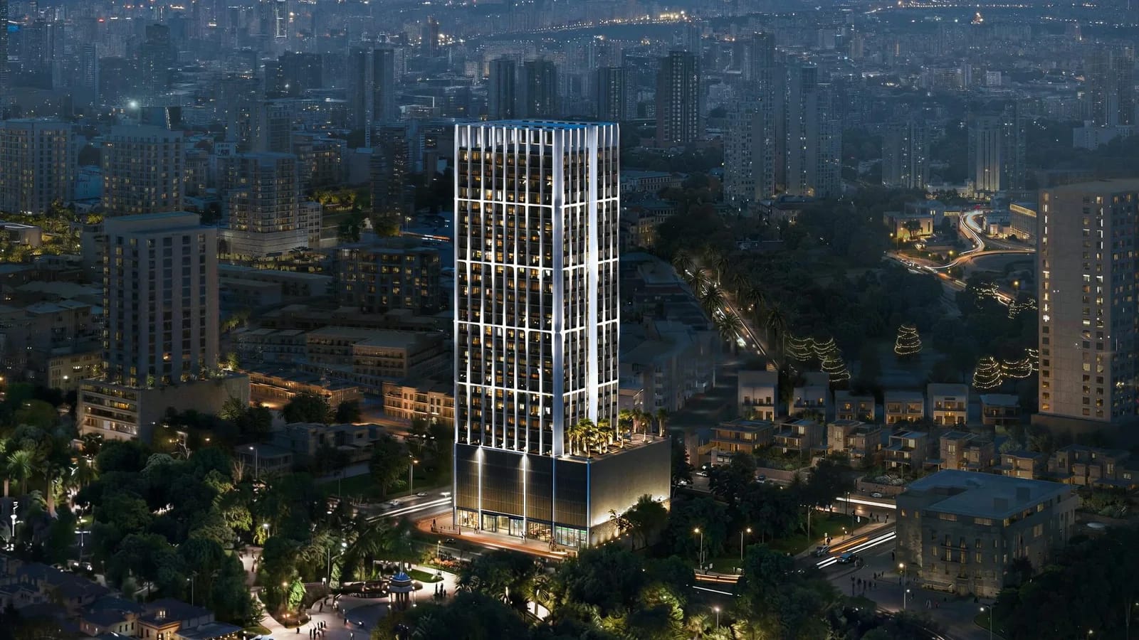 Binghatti Etherea: Exterior at dusk (developer rendering)
