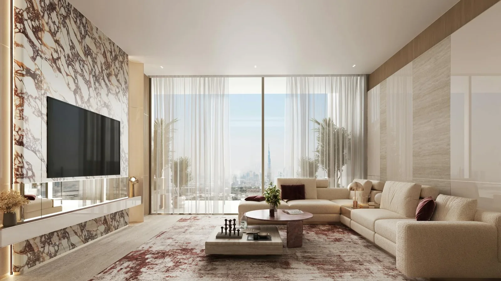 Binghatti Etherea: Living room, first view (developer rendering)