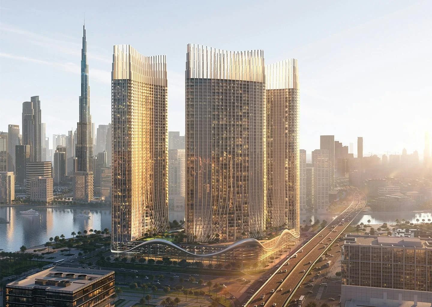 Binghatti Skyrise: Three towers viewed from the waterfront (developer rendering)