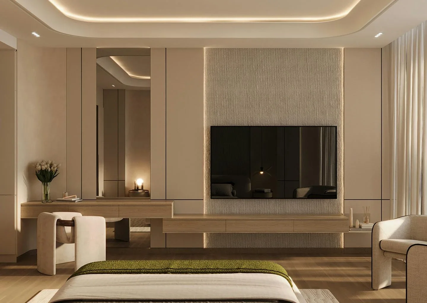 Binghatti Skyrise: Bedroom interior, first view (developer rendering)