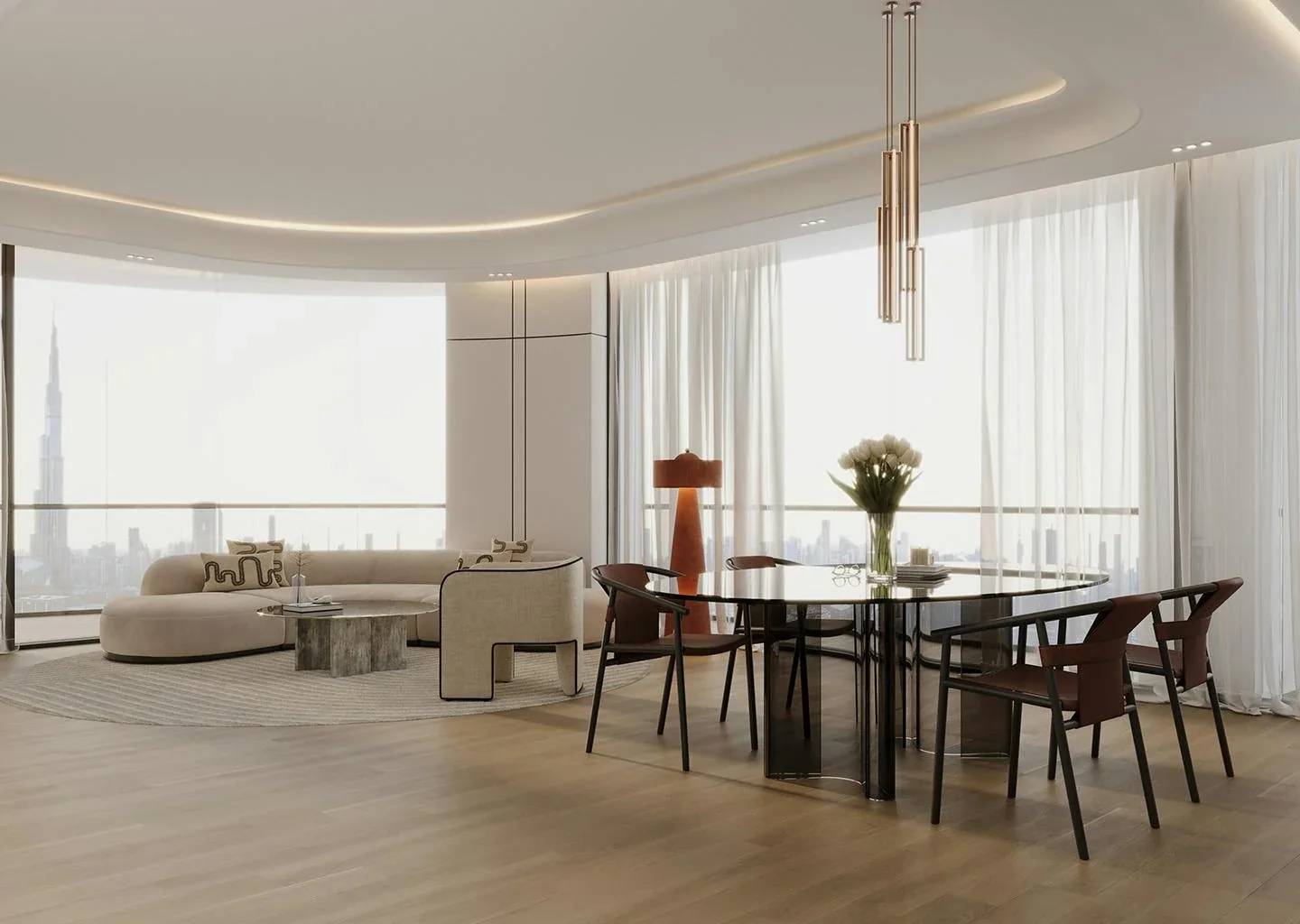 Binghatti Skyrise: Living room, first view (developer rendering)