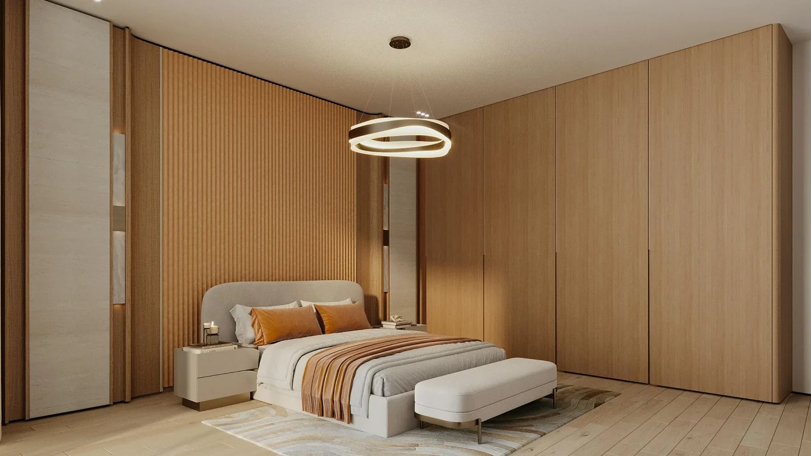 Binghatti Skyflame: Bedroom facing the bed and headboard (developer rendering)