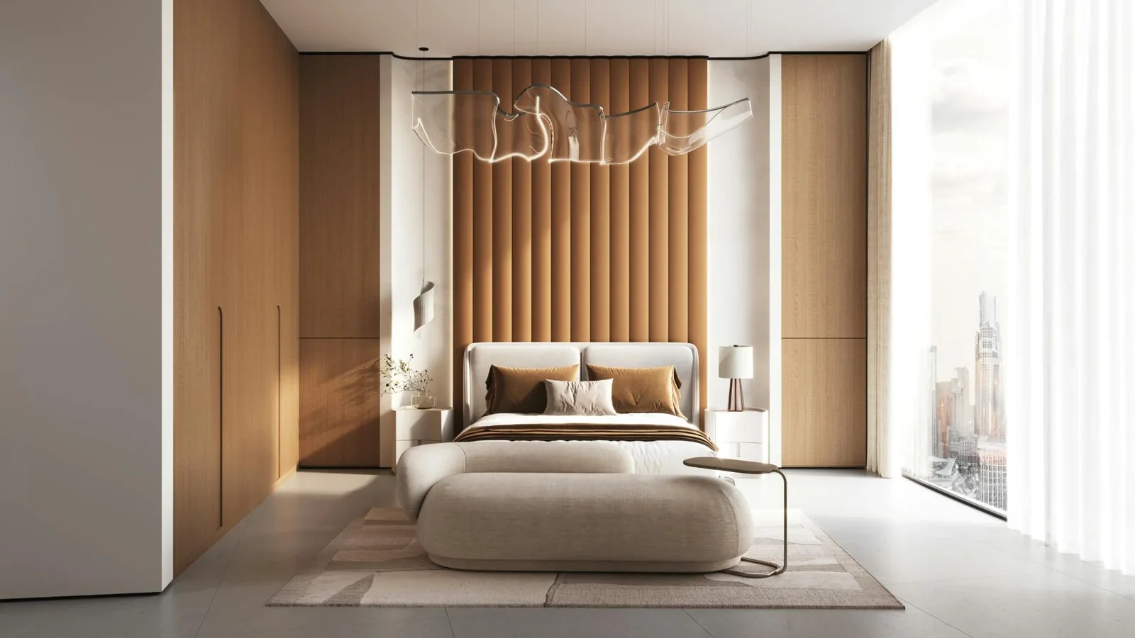 Binghatti Skyflame: Bedroom beside full-height glazing (developer rendering)