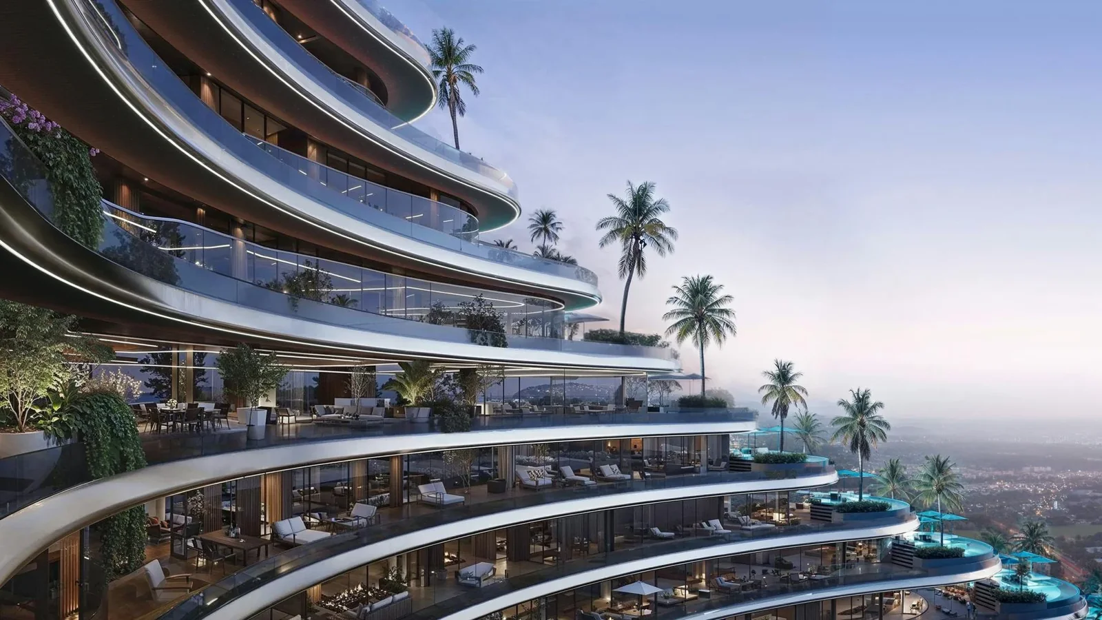 Binghatti Skyflame: Curved balconies and planted terraces (developer rendering)