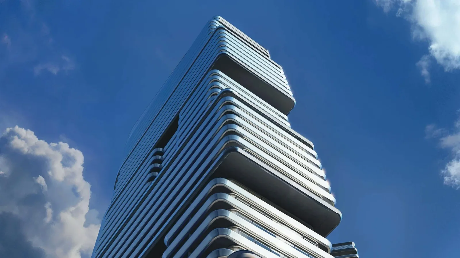 Binghatti SkyTerraces: Low-angle view of the stepped façade (developer rendering)