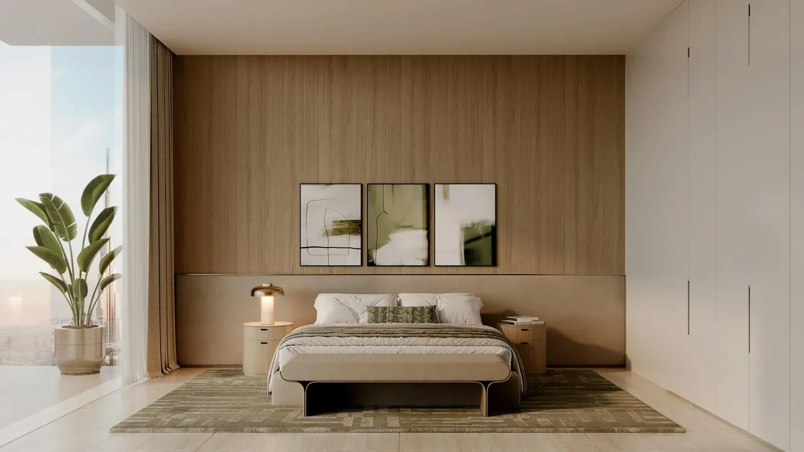 Binghatti SkyTerraces: Bedroom facing the bed and headboard (developer rendering)