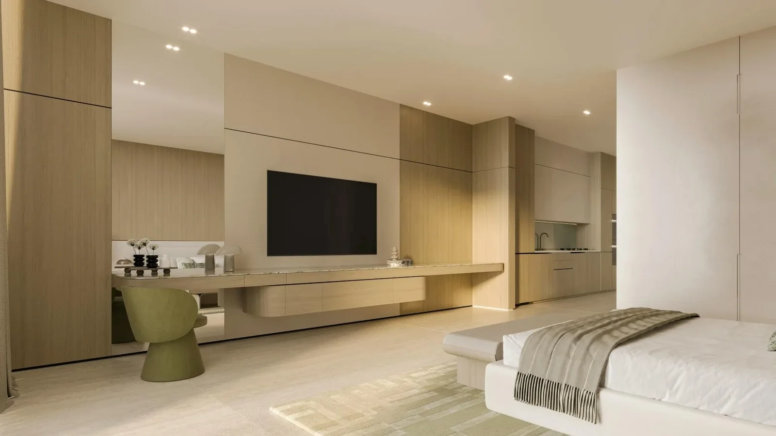 Binghatti SkyTerraces: Bedroom with television and fitted cabinetry (developer rendering)