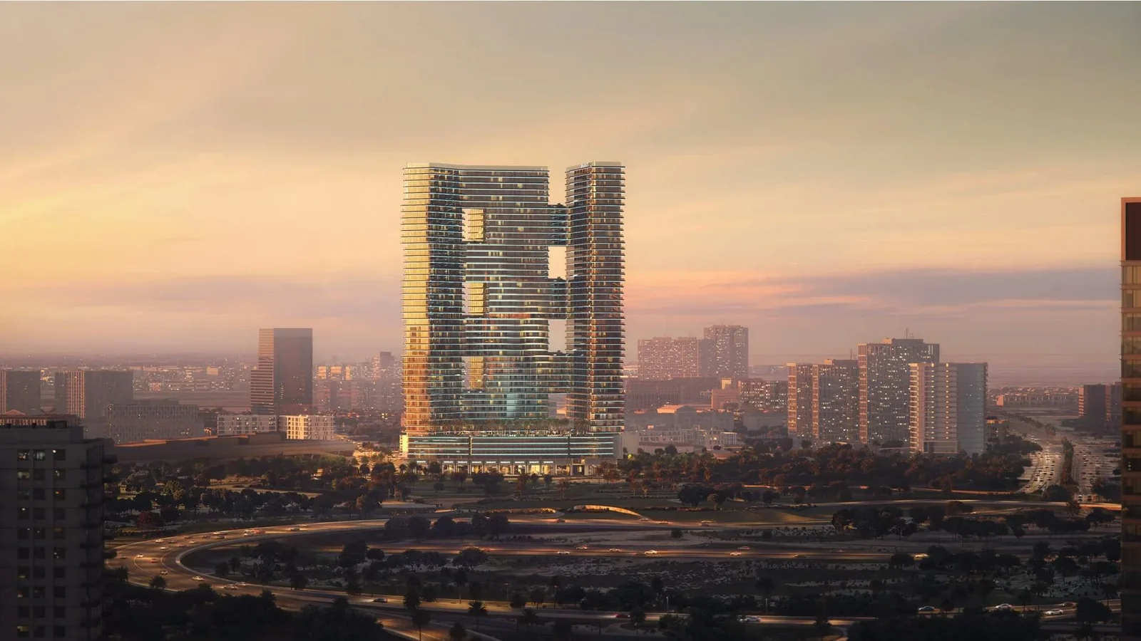 Binghatti SkyTerraces: Exterior in warm evening light (developer rendering)