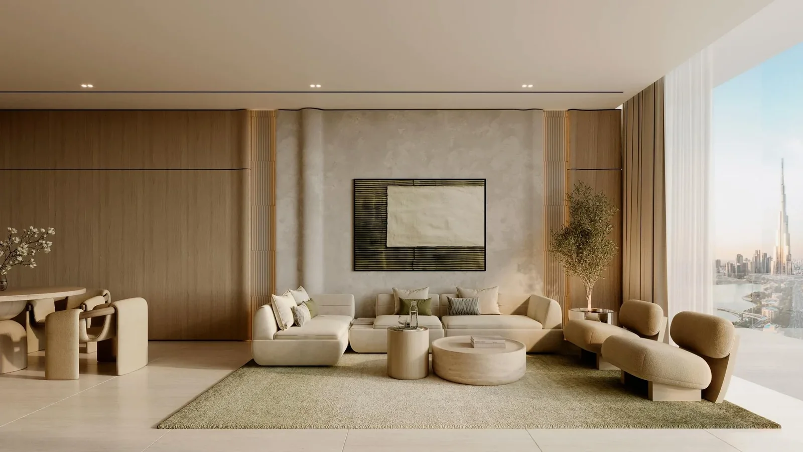 Binghatti SkyTerraces: Living room seating and interior finishes (developer rendering)