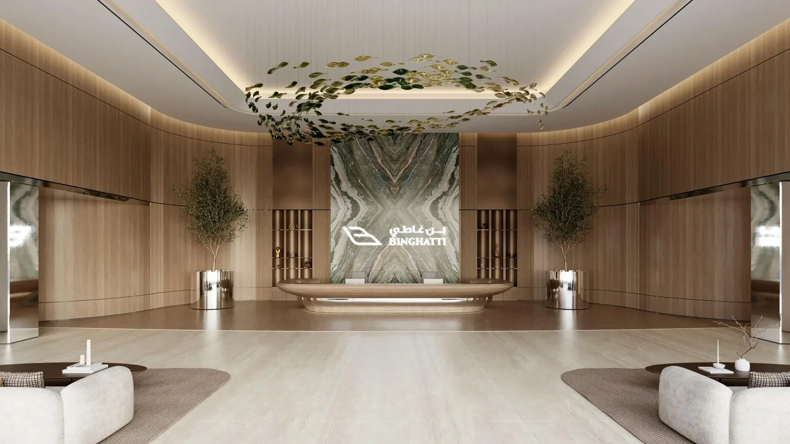 Binghatti SkyTerraces: Lobby reception and feature wall (developer rendering)