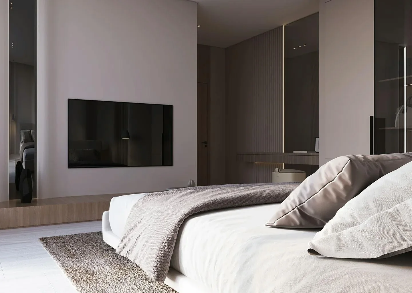 Binghatti Starlight: Bedroom with television and fitted cabinetry (developer rendering)