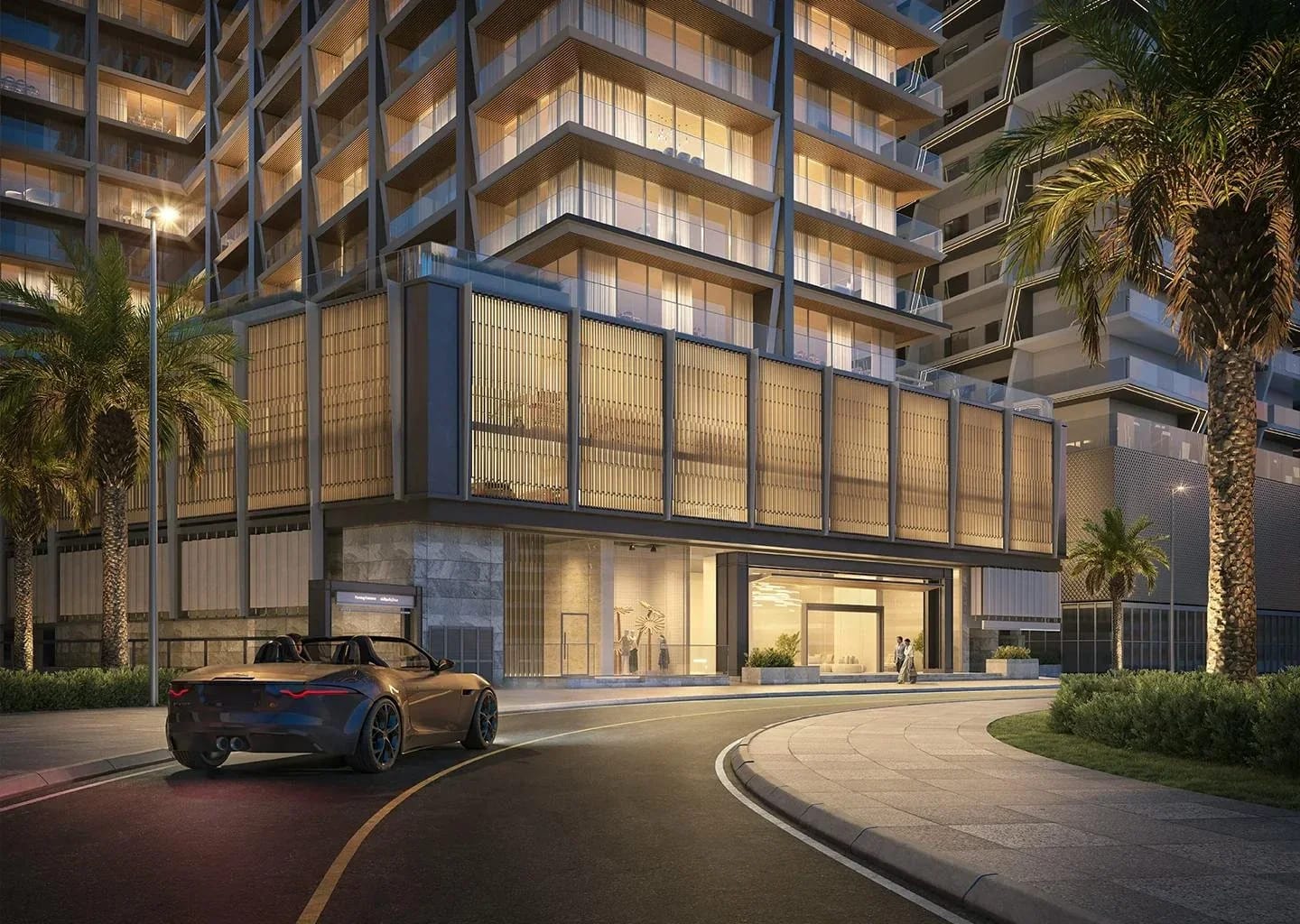 Binghatti Starlight: Illuminated ground-floor entrance (developer rendering)