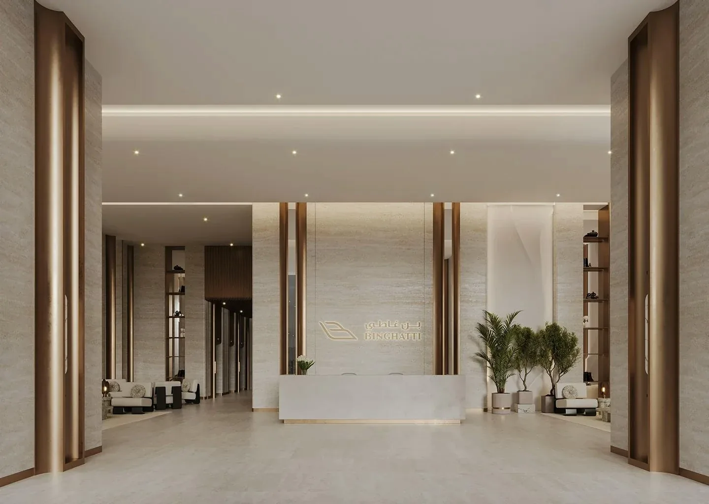 Binghatti Starlight: Lobby reception and feature wall (developer rendering)