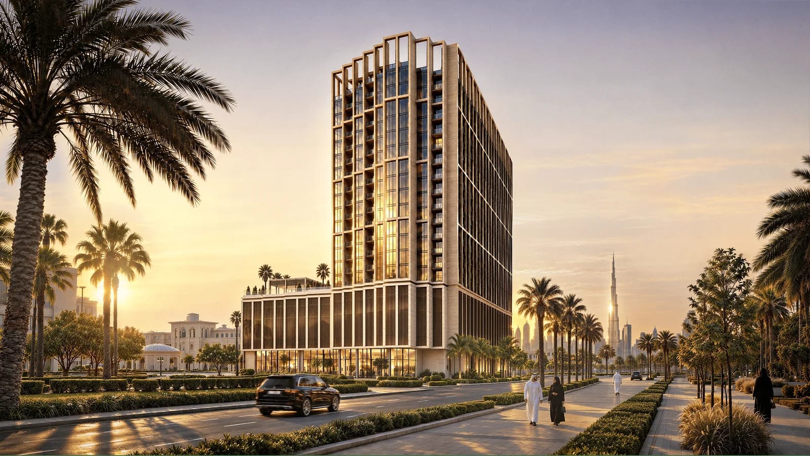 Binghatti Starfall: Exterior in warm evening light (developer rendering)