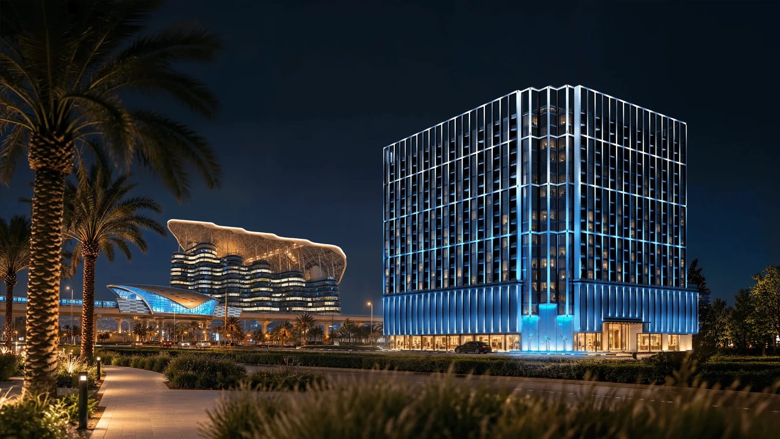 Binghatti Starfall: Illuminated tower after dark (developer rendering)