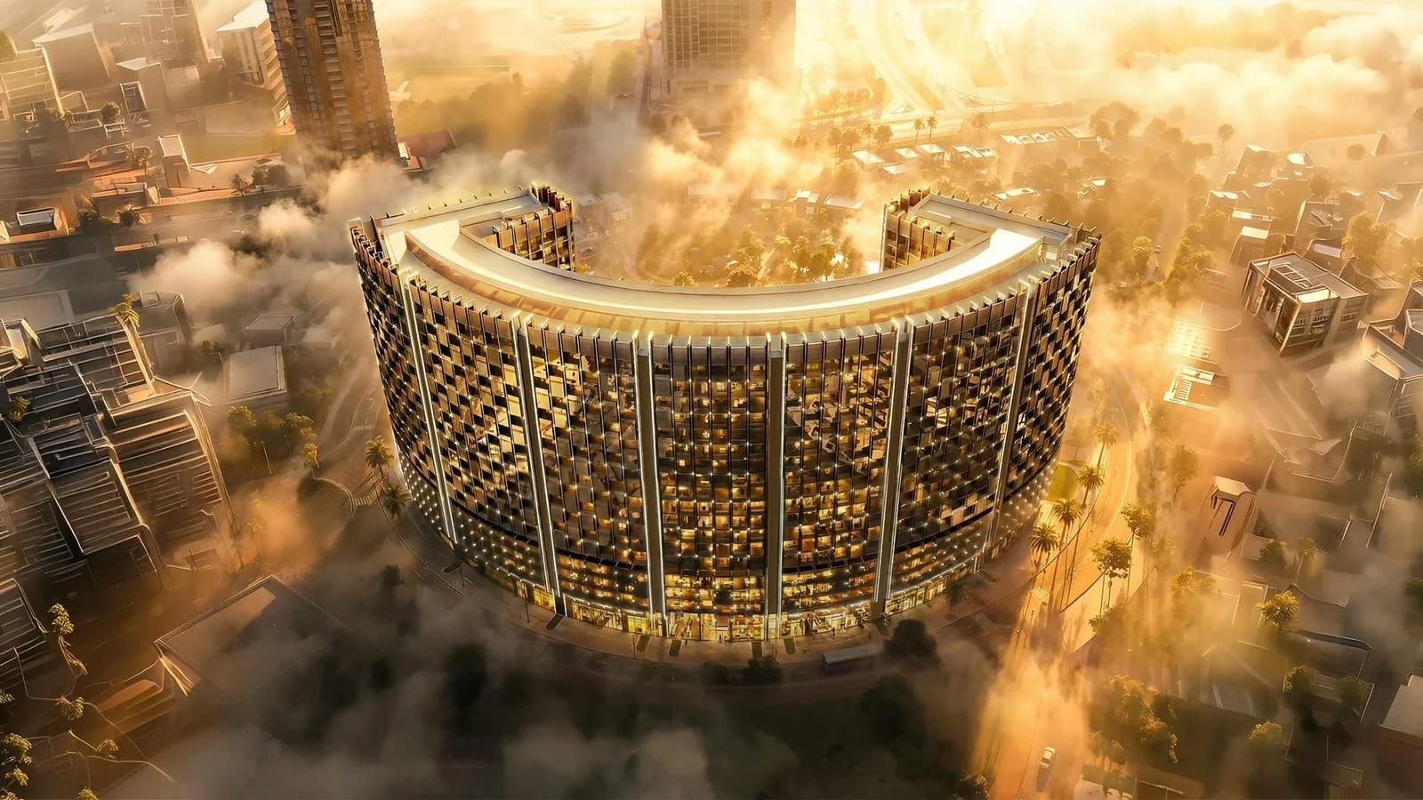 Binghatti Wraith: Aerial exterior in evening light (developer rendering)