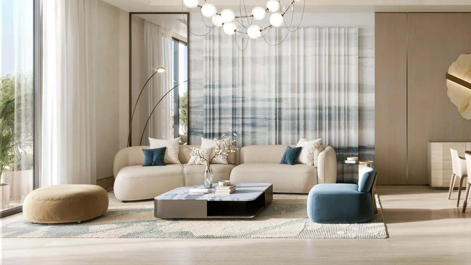 Binghatti Wraith: Living room seating and interior finishes (developer rendering)