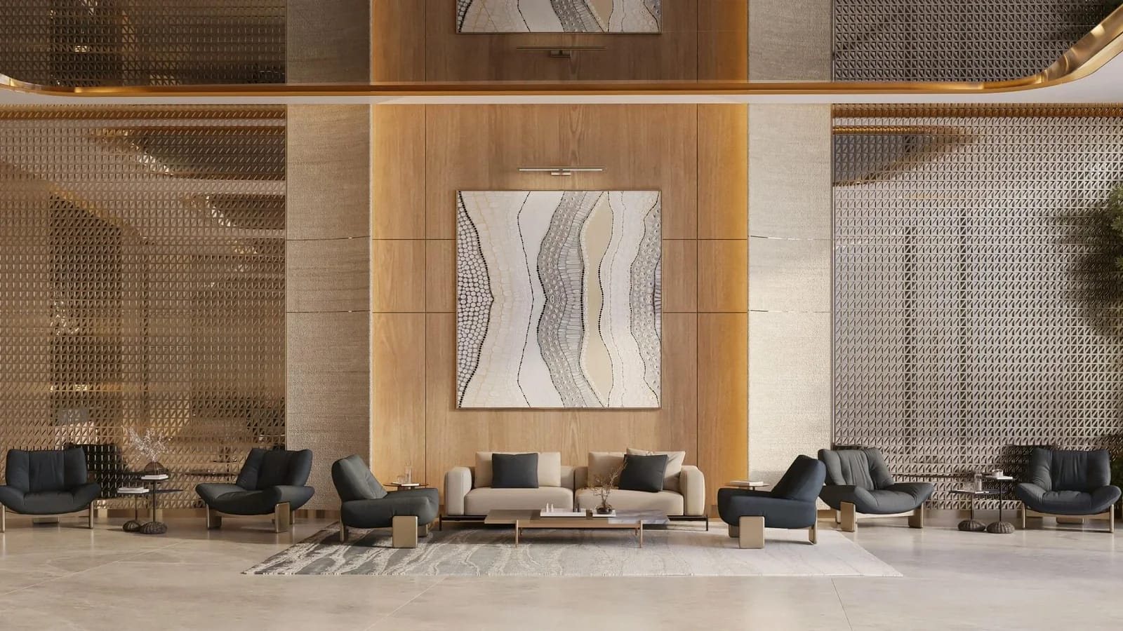 Binghatti Wraith: Lobby lounge facing the feature wall (developer rendering)