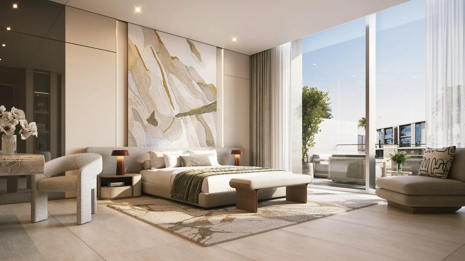 Tilal Binghatti: Bedroom beside full-height glazing (developer rendering)