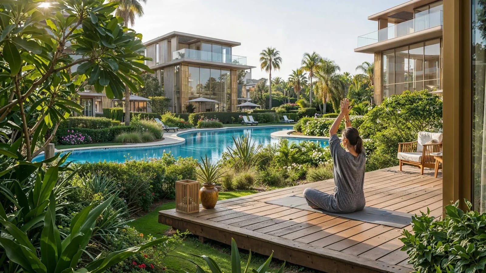 Tilal Binghatti: Landscaped garden and waterside terrace (developer rendering)