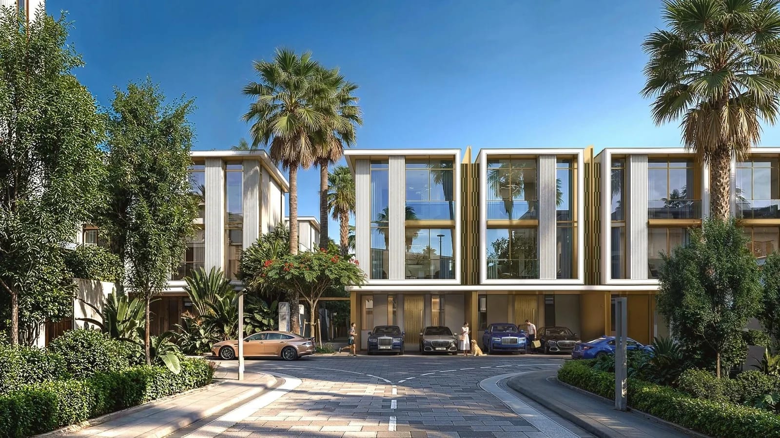 Tilal Binghatti: Townhouse façades and landscaped approach (developer rendering)