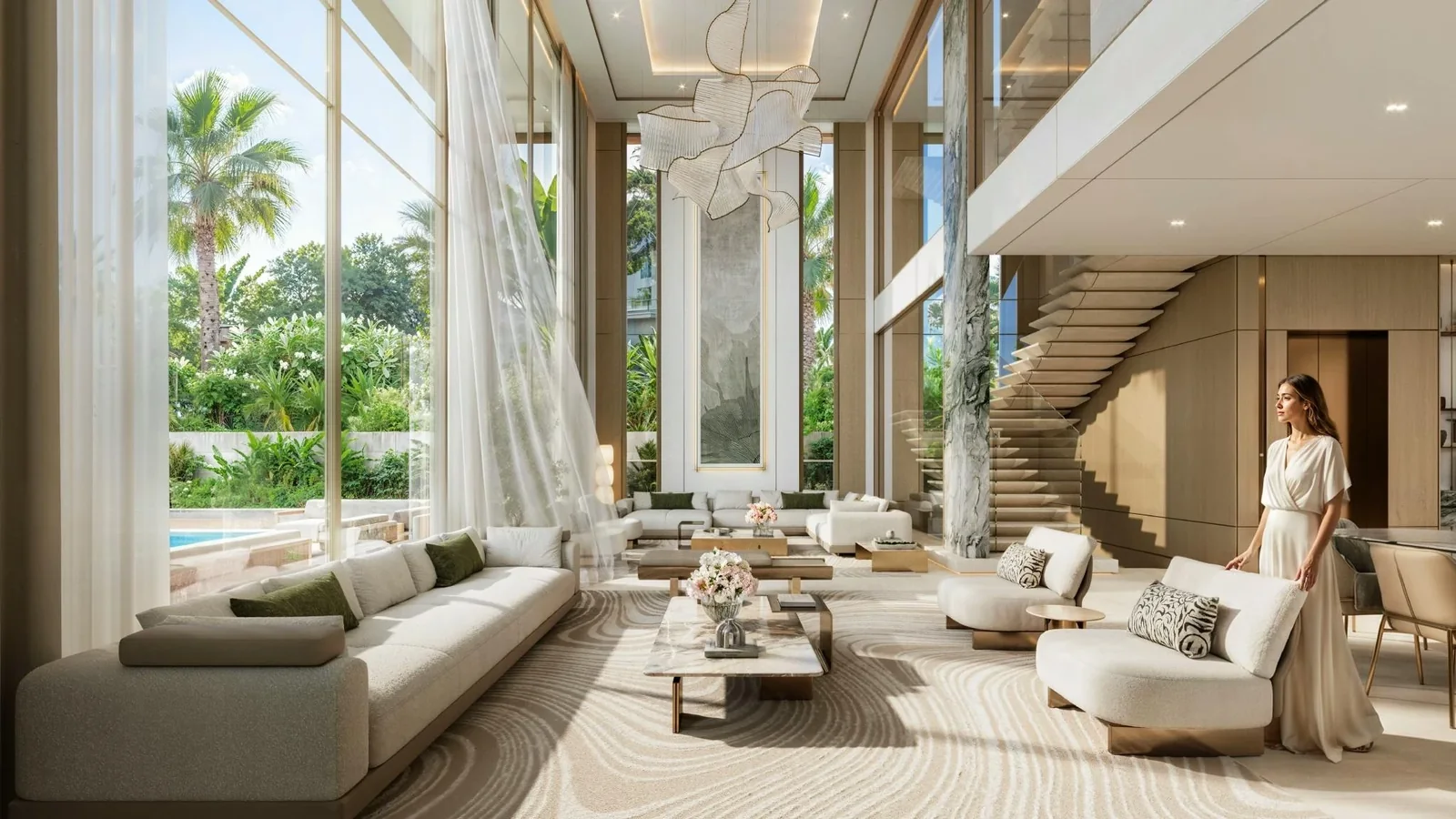 Tilal Binghatti: Double-height living area and staircase (developer rendering)