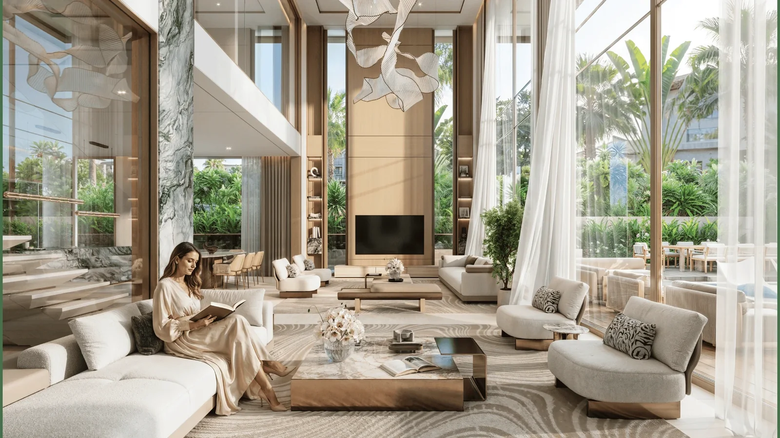 Tilal Binghatti: Living space with a high ceiling (developer rendering)