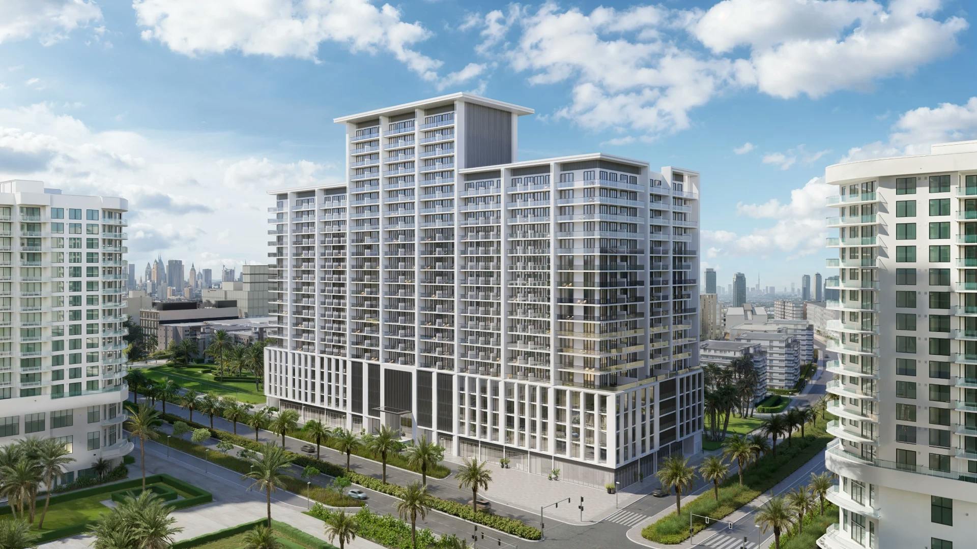 Binghatti Amberhall: Building and surrounding streets in daylight (developer rendering)