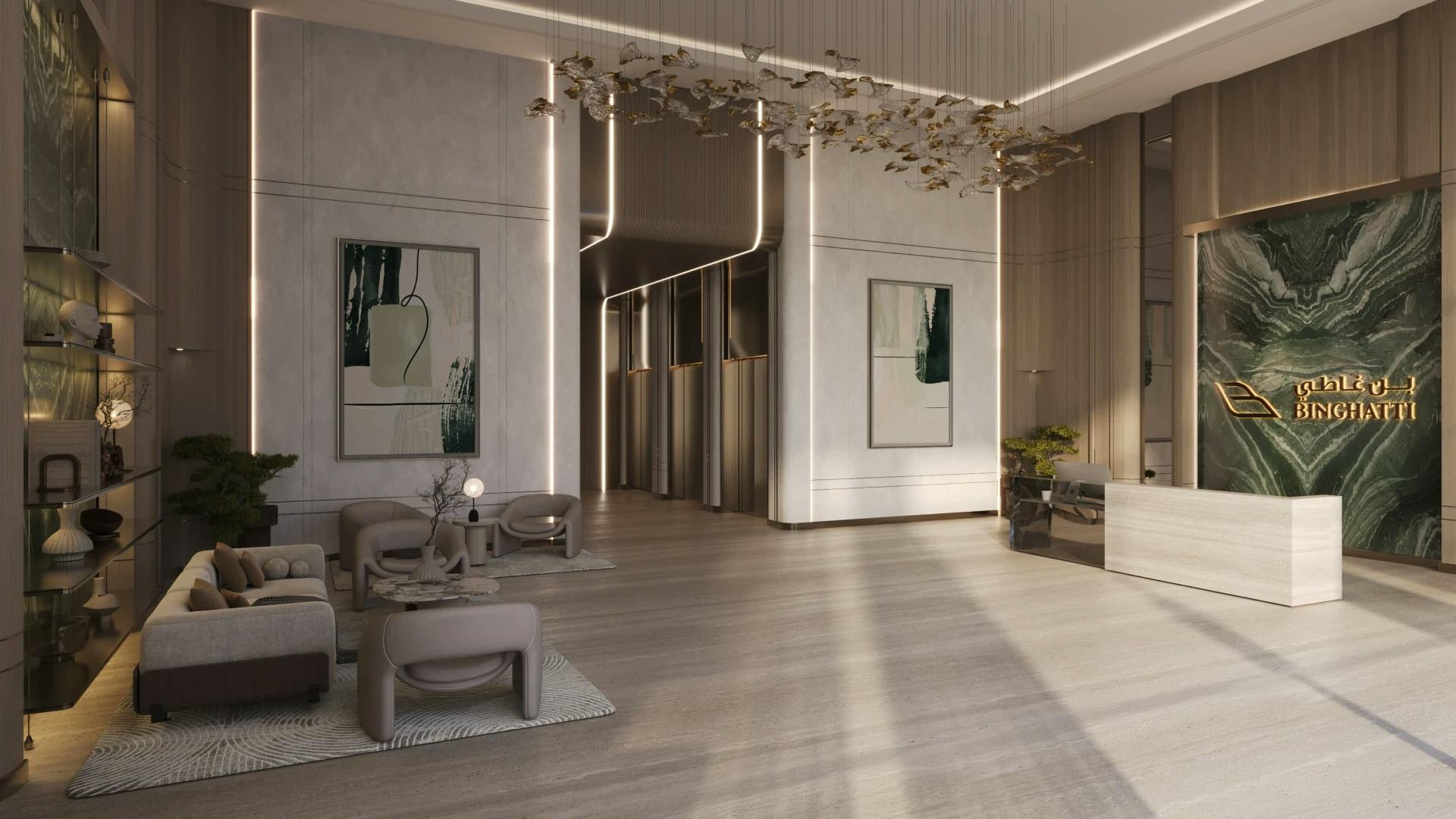 Binghatti Amberhall: Lobby seating and decorative ceiling (developer rendering)