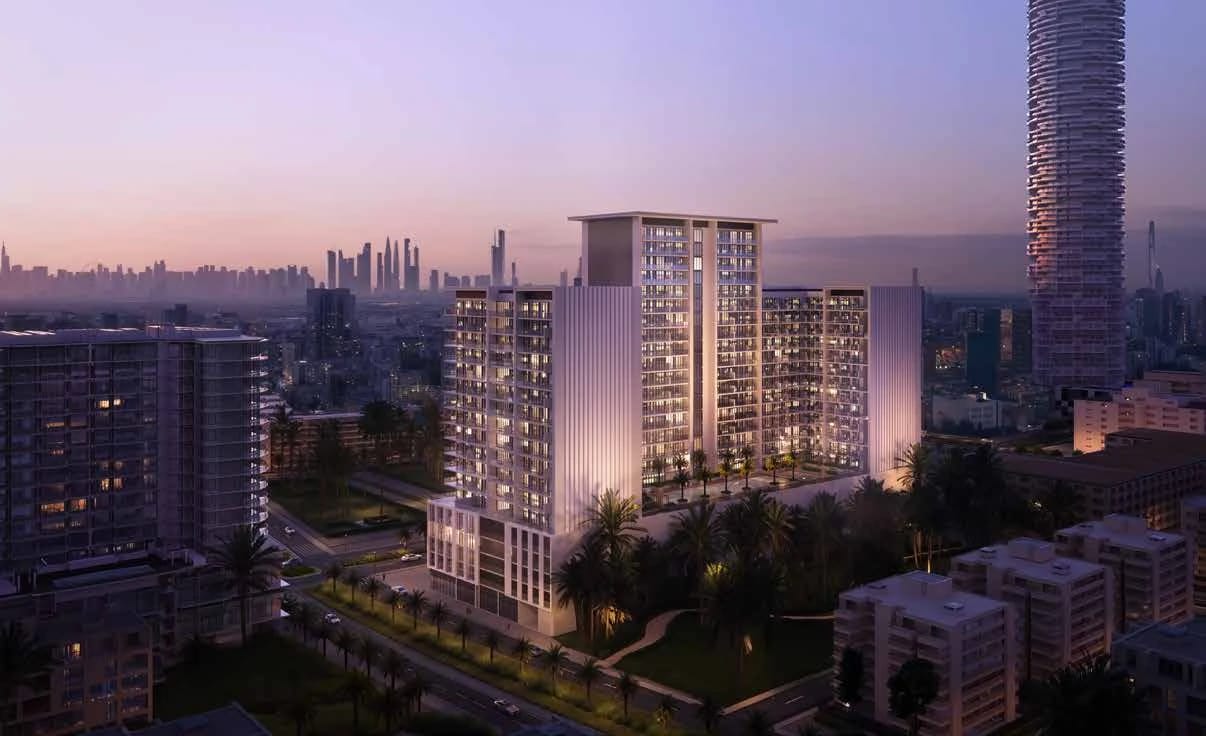 Binghatti Amberhall: Elevated view of the building at dusk (developer rendering)