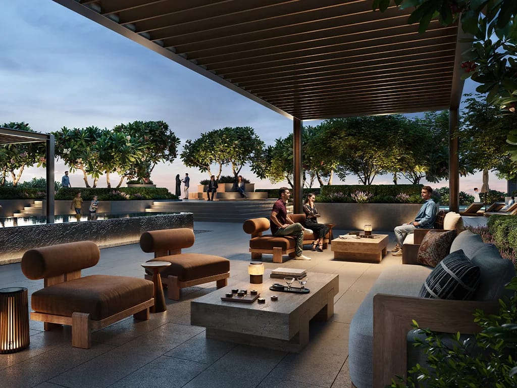 Altan: covered outdoor lounge with low seating (developer rendering)