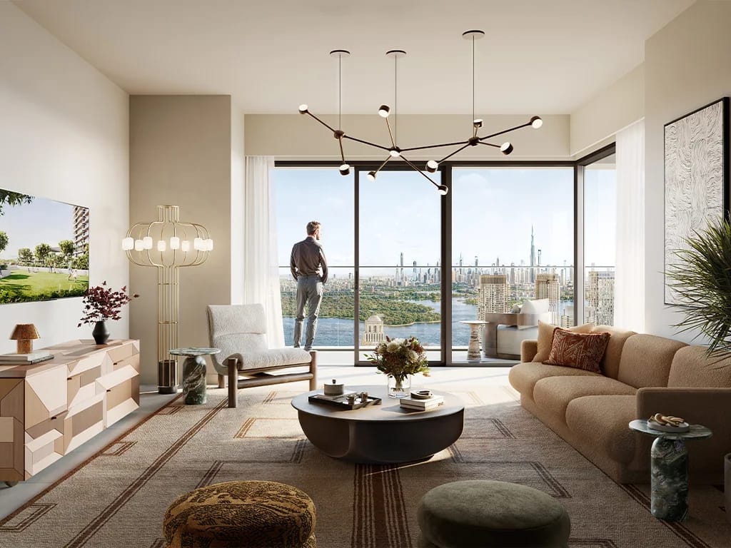 Altan: living room with floor-to-ceiling windows (developer rendering)