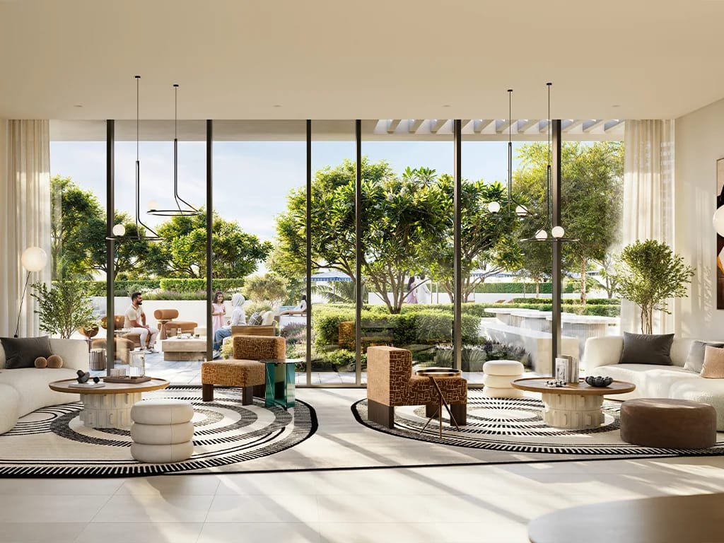 Altan: lounge facing a landscaped outdoor area (developer rendering)