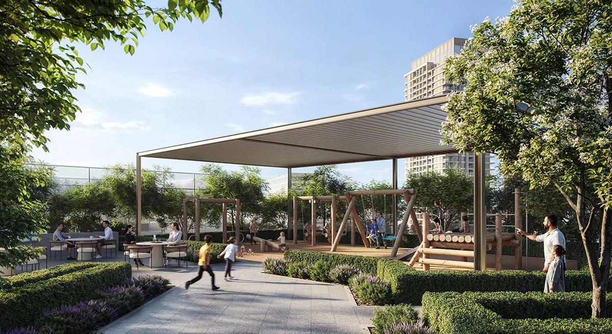 Altan: shaded pavilion and pedestrian landscaping (developer rendering)