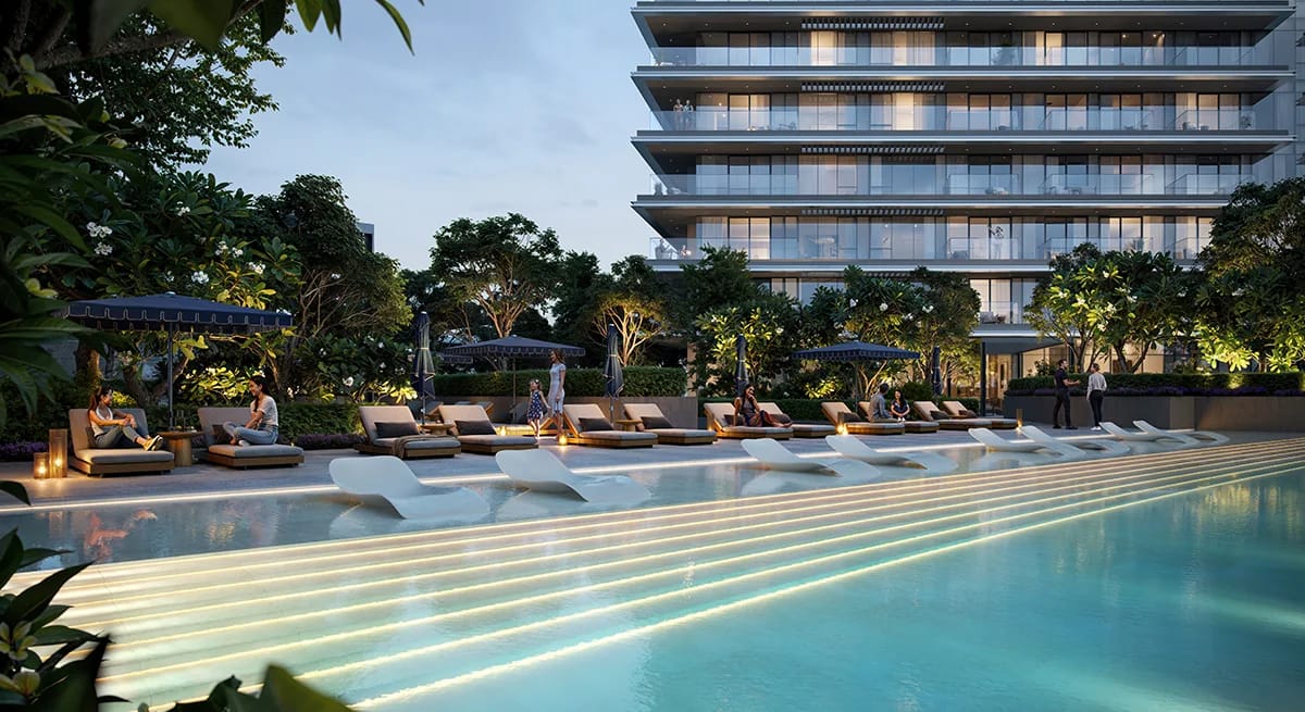Altan: pool deck below the residential balconies (developer rendering)