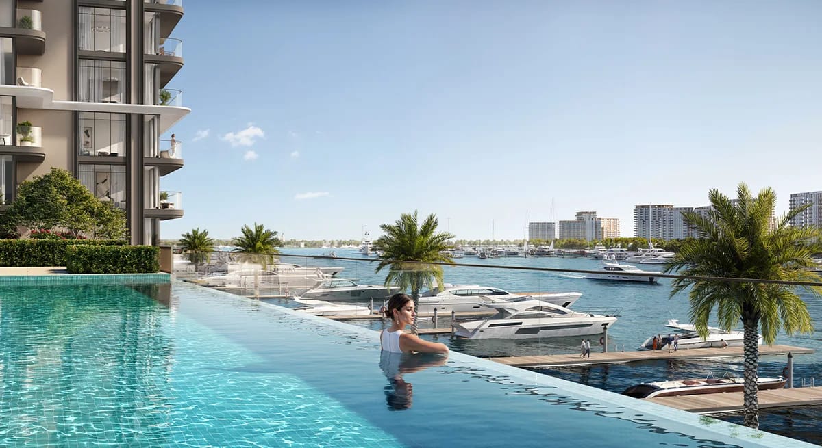 تصور من المطور لمشروع بايستار من فيدا: مسبح بحافة إنفينيتي بجوار المرسى